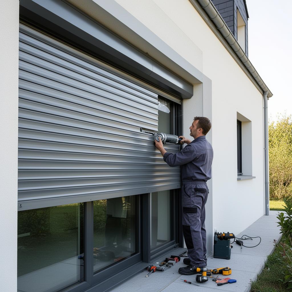 Technicien Hubert Père Fils 92 réparant un volet roulant aluminium
